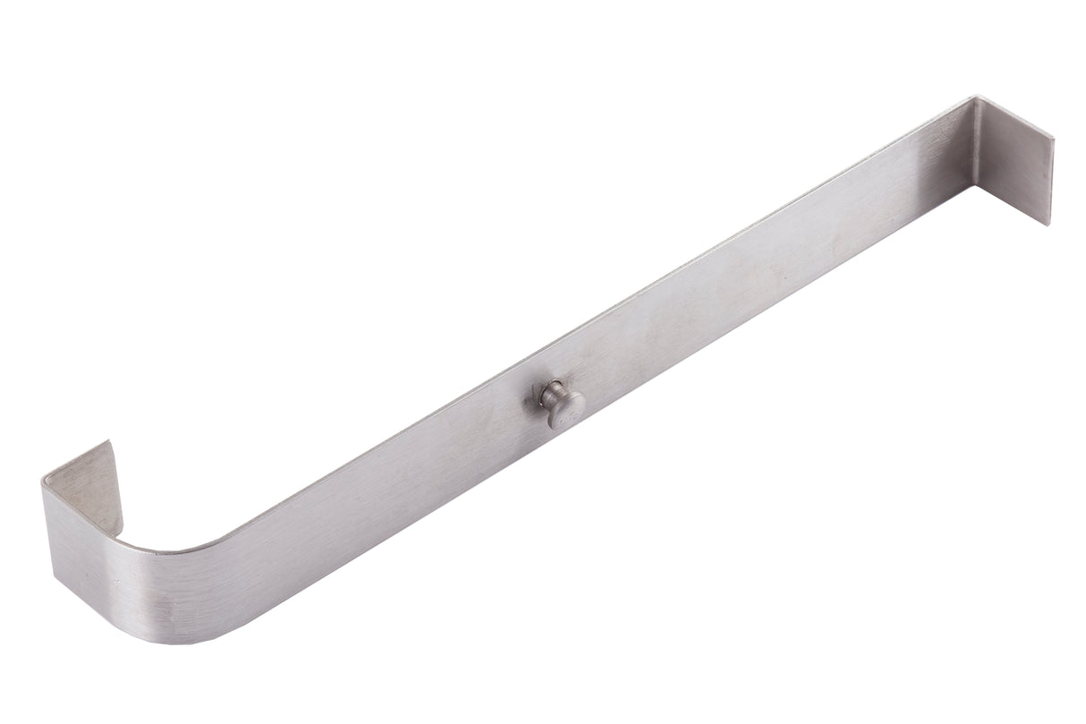 A rust resistant stainless steel Universal Speed Rail Hanger Strap, this metal bracket features a rectangular bar shape with right-angle hooks at both ends, a central protruding screw or rivet, and a smooth, silvery, slightly reflective finish.