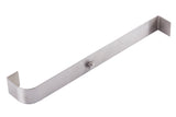 A rust resistant stainless steel Universal Speed Rail Hanger Strap, this metal bracket features a rectangular bar shape with right-angle hooks at both ends, a central protruding screw or rivet, and a smooth, silvery, slightly reflective finish.
