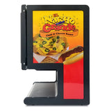 A nacho cheese and chili dispenser machine with dual peristaltic pumps features a colorful El Nacho Grande Chili & Cheese Sauce sign, displaying nachos topped with cheese and jalapeños, and a cheesy hot dog on a vibrant yellow-orange background.