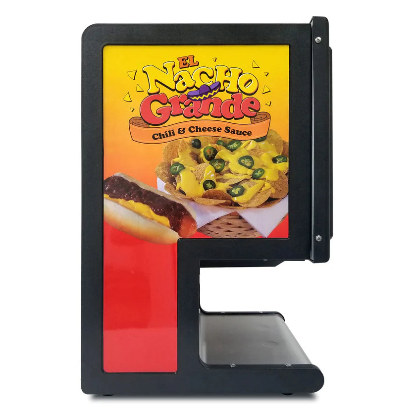 A nacho cheese dispenser with dual peristaltic pumps features a bright red and yellow El Nacho Grande Chili & Cheese Sauce sign, showing cheesy nachos with jalapeños beside a hot dog. The machine has a black frame and an open tray below.
