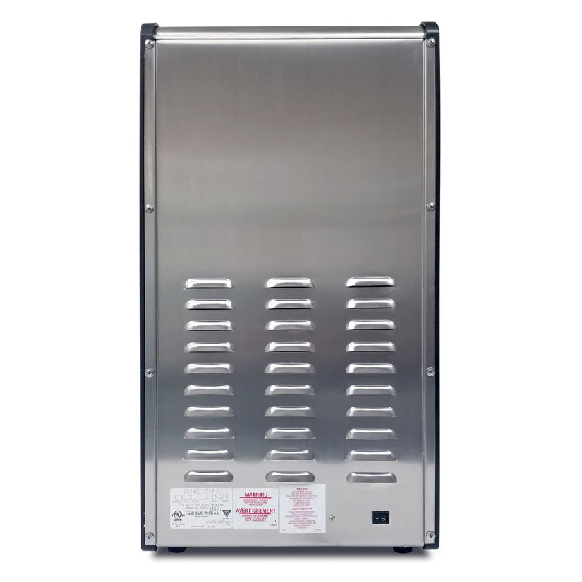 A stainless steel nacho dispenser with a rectangular shape, featuring multiple horizontal air vents on the front. At the bottom, there are warning labels and a power switch. The reflective surface has rounded corners with black trim.