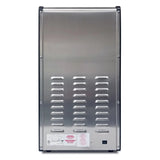 A stainless steel nacho dispenser with a rectangular shape, featuring multiple horizontal air vents on the front. At the bottom, there are warning labels and a power switch. The reflective surface has rounded corners with black trim.