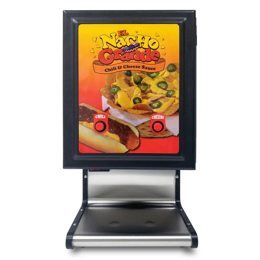 A nacho dispenser with dual peristaltic pumps features a colorful sign of nachos topped with cheese, jalapeños, and chili. The “El Nacho Grande Chili & Cheese Sauce” sign sits above two buttons labeled “Chili” and “Cheese.”.