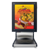 A nacho dispenser with dual peristaltic pumps features a colorful sign of nachos topped with cheese, jalapeños, and chili. The “El Nacho Grande Chili & Cheese Sauce” sign sits above two buttons labeled “Chili” and “Cheese.”.