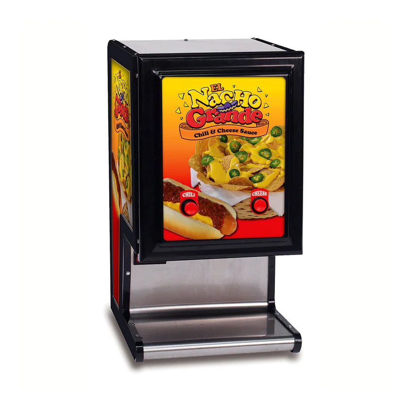 A black and silver nacho cheese dispenser labeled “El Nacho Grande” with dual peristaltic pumps. The yellow front panel shows nachos with cheese, a chili-topped hot dog, and two red buttons labeled “Chili” and “Cheese.”.
