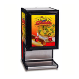 A black and silver nacho cheese dispenser labeled “El Nacho Grande” with dual peristaltic pumps. The yellow front panel shows nachos with cheese, a chili-topped hot dog, and two red buttons labeled “Chili” and “Cheese.”.