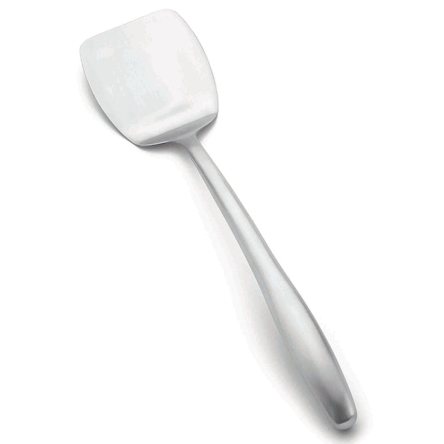 A stainless steel turner from the Dalton Collection, with a wide, flat blade and smooth tapered handle. Its polished surface reflects light, and it is dishwasher safe. Positioned at a slight diagonal on a white background.