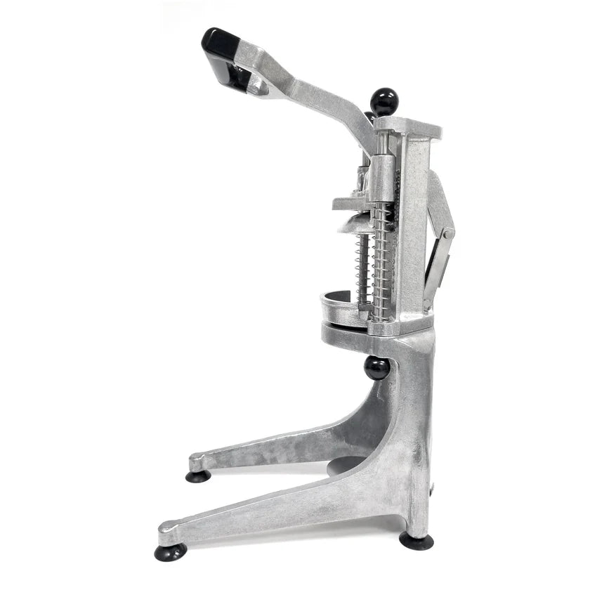 A manual aluminum Lemon Squeezer with a lever and sturdy base, featuring a handle and two vertical spring-loaded supports. Its circular holder beneath the pressing area and rubber feet provide stability for juicing fruits.