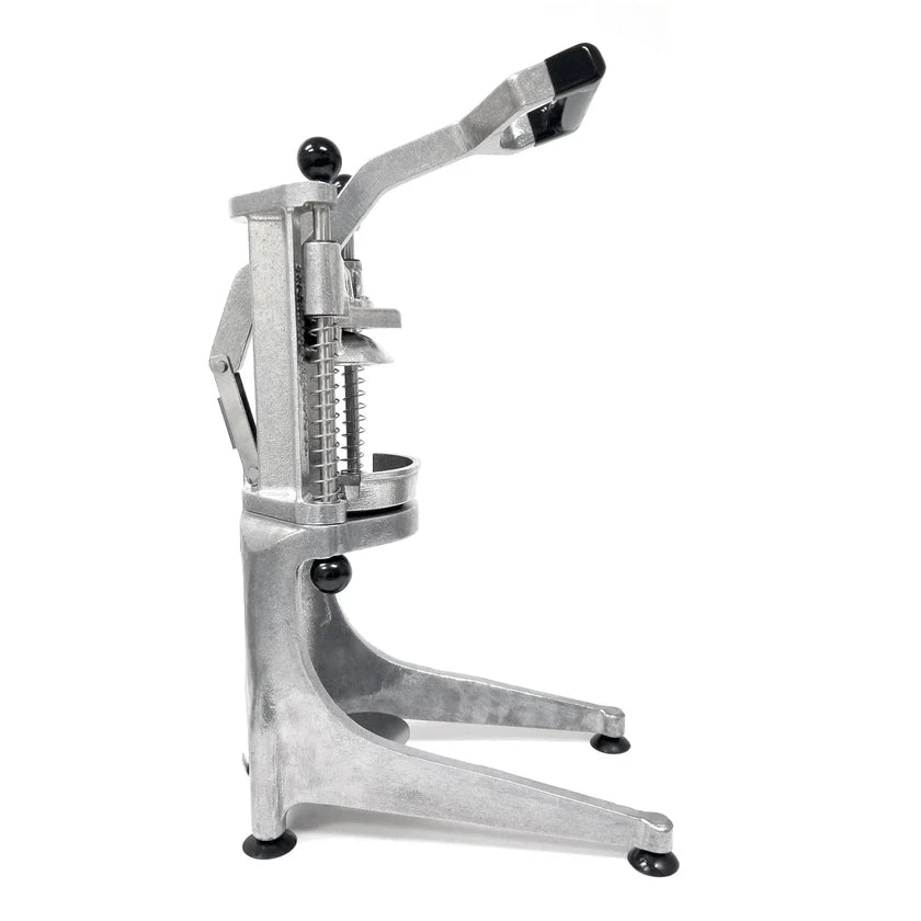 A sturdy, aluminum manual Lemon Squeezer with a lever handle, spring mechanism, and circular base for stability. The juicer features black knobs on the handle and feet, and has a vertical, industrial design for pressing fruit.
