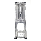 A commercial-grade, upright manual citrus wedger made of aluminum, featuring a rectangular frame, black rubber feet, and black round handles at the top. A label with model details is affixed near the base. The device stands on a white background.