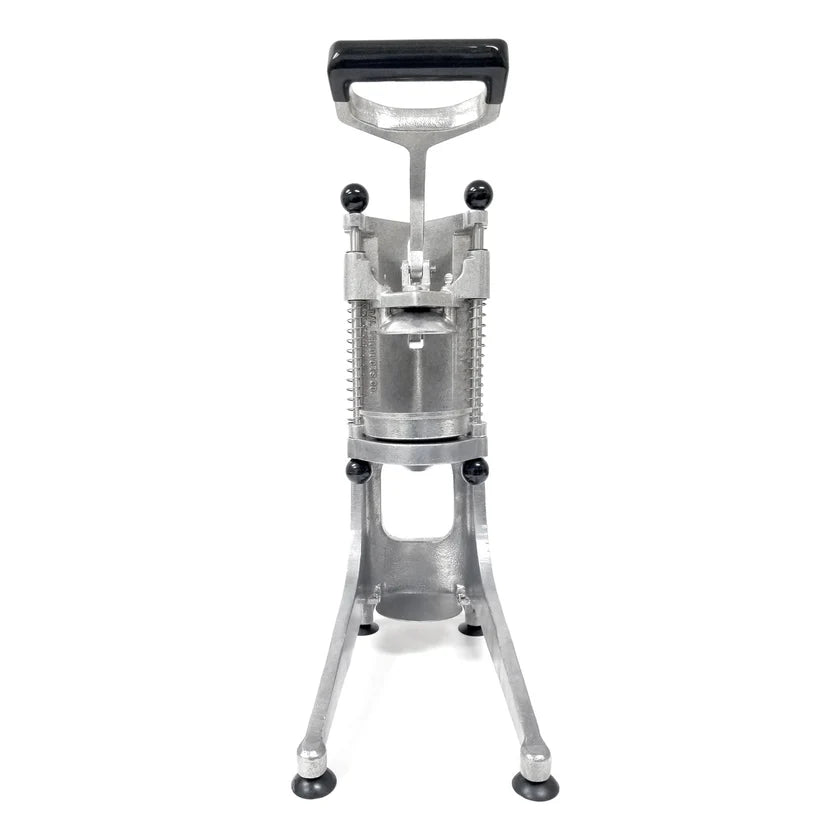 A manual aluminum sausage stuffer with a vertical cylindrical chamber, a black handle on top, and a sturdy tripod base. The device has two black knobs on each side and four legs with black rubber feet for stability.