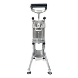 A manual aluminum sausage stuffer with a vertical cylindrical chamber, a black handle on top, and a sturdy tripod base. The device has two black knobs on each side and four legs with black rubber feet for stability.