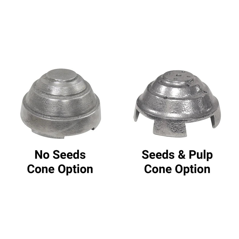 Two aluminum juicer cones are shown side by side. The left is a No Seeds Cone Option with a solid top, while the right is a Seeds & Pulp Cone Option with holes and open slots—perfect for your manual Lemon Squeezer.