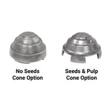 Two aluminum juicer cones are shown side by side. The left is a No Seeds Cone Option with a solid top, while the right is a Seeds & Pulp Cone Option with holes and open slots—perfect for your manual Lemon Squeezer.