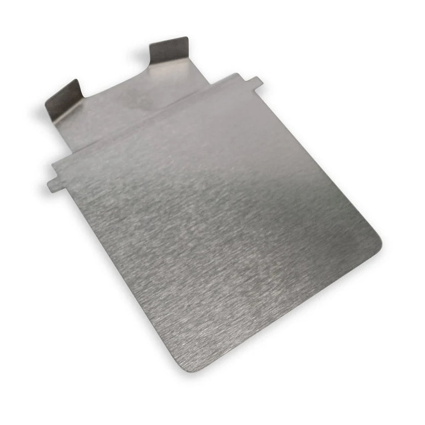 A rectangular, brushed aluminum plate with two bent tabs and two small horizontal protrusions on one end, lying on a white background. The surface has a smooth texture, rounded bottom corners, and straight top edges—ideal for manual kitchen tools.