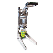 A metal manual Lemon Squeezer stands on a white background. Its handle is raised, and a yellow-green striped paper cup labeled Lemon is positioned underneath, ready to catch juice. The aluminum device has sturdy legs and visible springs.