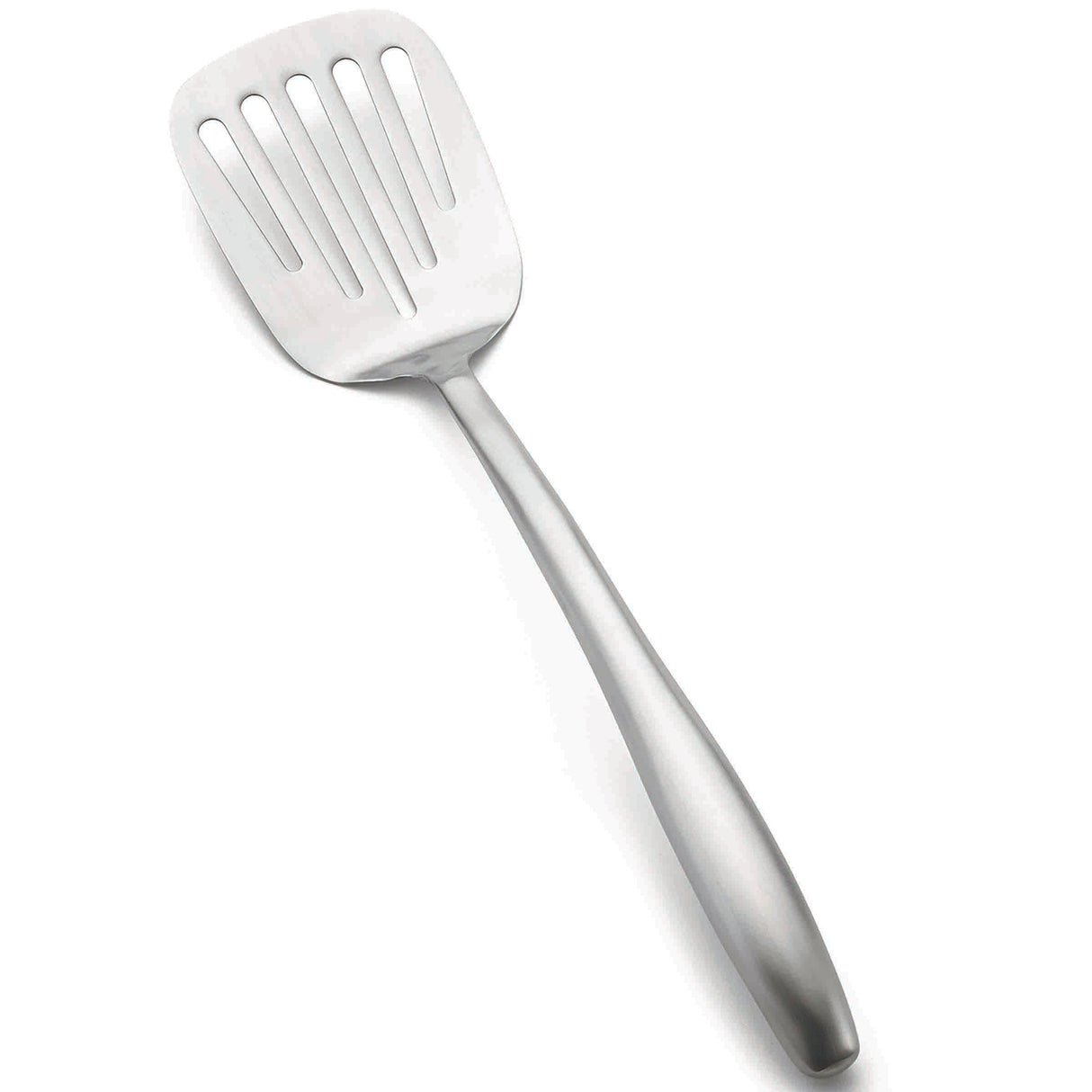 A stainless steel Dalton Collection Turner, this slotted turner features a wide, flat head with vertical slots for draining liquids. The angled utensil has an elongated handle and rests on a white background.