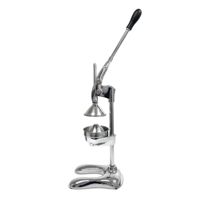 A heavy duty lemon squeezer made of cast aluminum alloy, this manual citrus juicer features a tall lever with a black handle, cone-shaped press, and perforated strainer cup on a sturdy base—perfect for countertop juice extraction.
