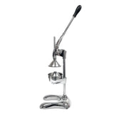 A heavy duty lemon squeezer made of cast aluminum alloy, this manual citrus juicer features a tall lever with a black handle, cone-shaped press, and perforated strainer cup on a sturdy base—perfect for countertop juice extraction.