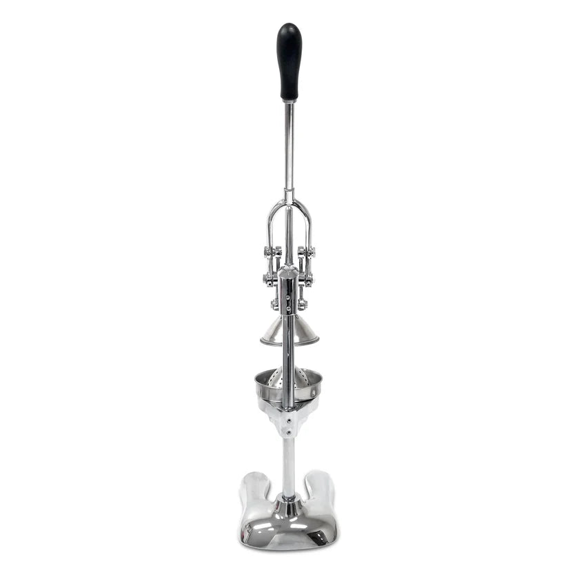 A tall, silver manual lemon squeezer made from heavy duty cast aluminum alloy, featuring a black handle on top, a sturdy base, and a lever mechanism. Viewed from the front, its symmetrical metallic structure highlights efficient juicing components.