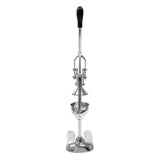 A tall, silver manual lemon squeezer made from heavy duty cast aluminum alloy, featuring a black handle on top, a sturdy base, and a lever mechanism. Viewed from the front, its symmetrical metallic structure highlights efficient juicing components.