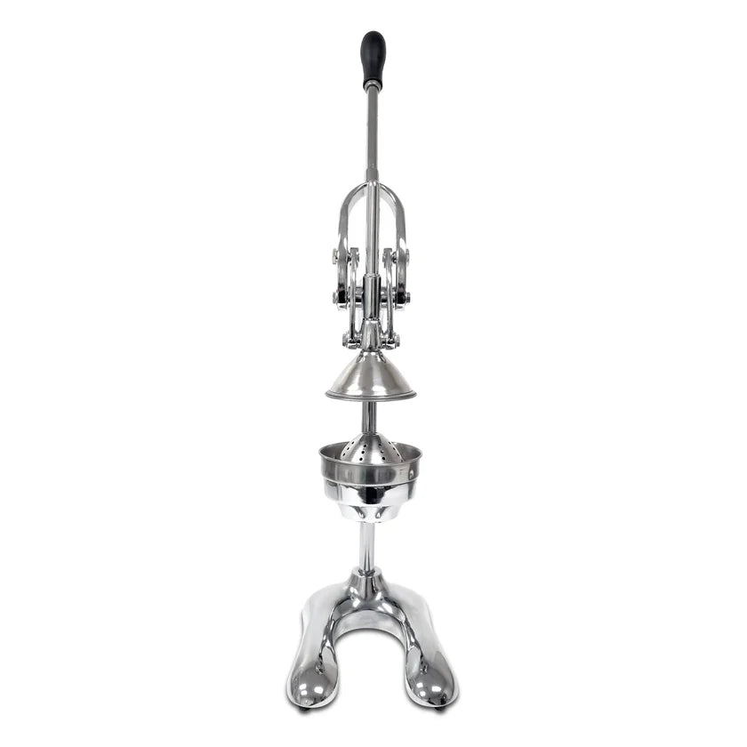 A heavy duty Lemon squeezer, crafted from cast aluminum alloy, stands upright on a sturdy base. It features a long vertical handle, a conical press at the center, and a perforated strainer bowl below for collecting juice.