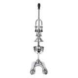 A heavy duty Lemon squeezer, crafted from cast aluminum alloy, stands upright on a sturdy base. It features a long vertical handle, a conical press at the center, and a perforated strainer bowl below for collecting juice.