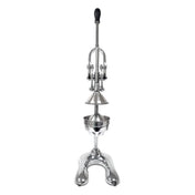 A heavy duty Lemon squeezer, crafted from cast aluminum alloy, stands upright on a sturdy base. It features a long vertical handle, a conical press at the center, and a perforated strainer bowl below for collecting juice.