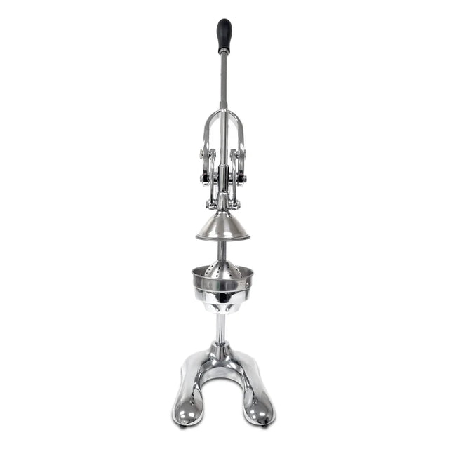 A heavy duty Lemon squeezer, crafted from cast aluminum alloy, stands upright on a sturdy base. It features a long vertical handle, a conical press at the center, and a perforated strainer bowl below for collecting juice.