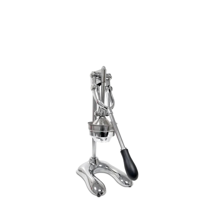 A heavy duty lemon squeezer made from cast aluminum alloy, featuring a lever-style handle with a black grip. Its sturdy, curved base and vertical pressing mechanism are perfect for juicing oranges or lemons. The background is plain white.