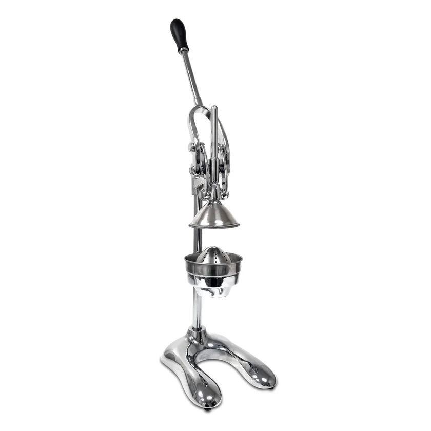 A heavy duty metal manual citrus juicer with a long black handle, cone-shaped press, and sturdy base. This lemon squeezer features a lever mechanism and round strainer, all in a shiny chrome finish, placed on a white background.