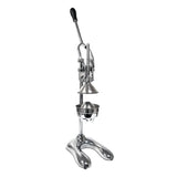A heavy duty metal manual citrus juicer with a long black handle, cone-shaped press, and sturdy base. This lemon squeezer features a lever mechanism and round strainer, all in a shiny chrome finish, placed on a white background.