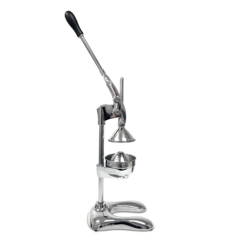 A shiny, heavy duty manual citrus juicer with a tall lever and black handle. Made from cast aluminum, this lemon squeezer features a sturdy base with two curved feet and a cup and strainer beneath the press cone for effortless citrus juicing.