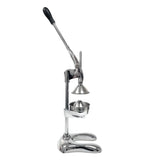 A shiny, heavy duty manual citrus juicer with a tall lever and black handle. Made from cast aluminum, this lemon squeezer features a sturdy base with two curved feet and a cup and strainer beneath the press cone for effortless citrus juicing.