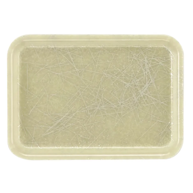 A rectangular, beige-colored Camtray made of high-impact fiberglass with rounded corners and visible, random white fibers that create a textured, web-like look. This dishwasher safe tray is set against a plain white background.