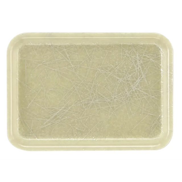 A rectangular, beige-colored Camtray made of high-impact fiberglass with rounded corners and visible, random white fibers that create a textured, web-like look. This dishwasher safe tray is set against a plain white background.