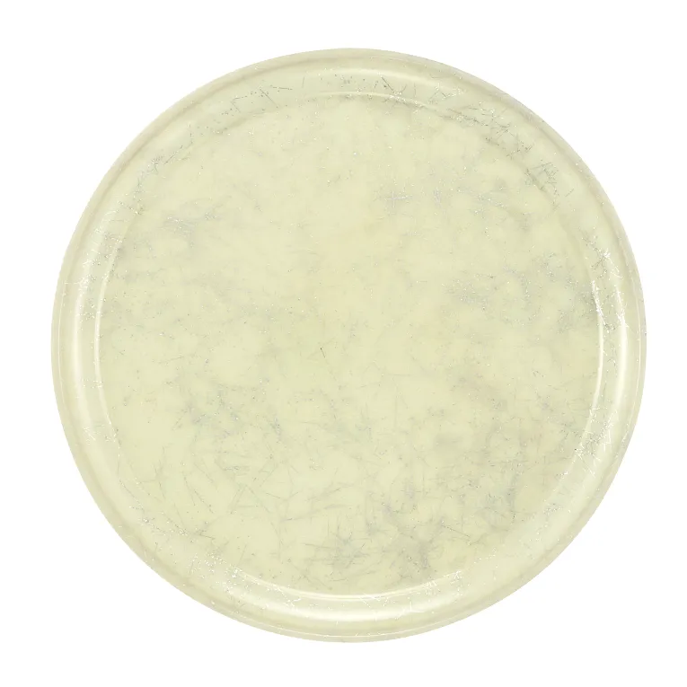 A round, flat plate with a slightly raised edge. Cream-colored with a subtle marbled or crackled pattern in light gray, this vintage-inspired Serving Camtray is smooth, glossy, and dishwasher safe for easy cleaning.