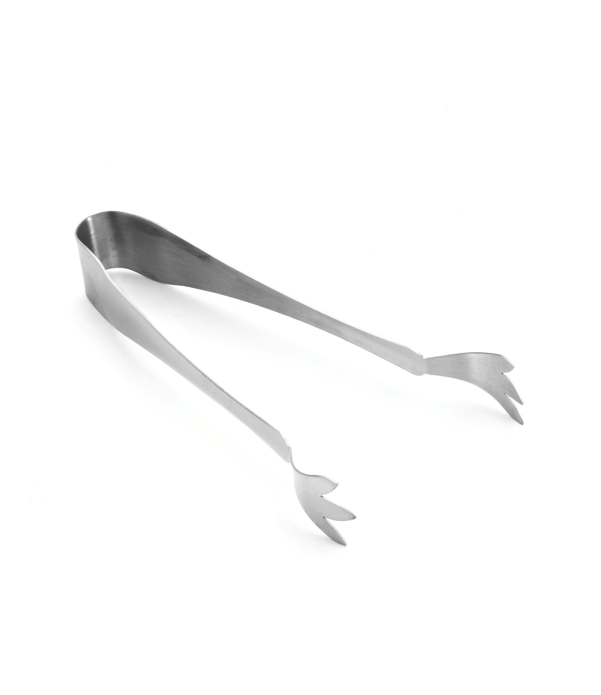 A pair of Pom Tongs is pictured on a white background. Made from stainless steel, these tongs have flat, slightly curved arms and claw-shaped ends for gripping food. The simple, modern design is also dishwasher safe for easy cleaning.