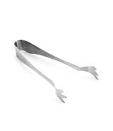 A pair of Pom Tongs is pictured on a white background. Made from stainless steel, these tongs have flat, slightly curved arms and claw-shaped ends for gripping food. The simple, modern design is also dishwasher safe for easy cleaning.