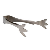 A pair of stainless steel Pom Tongs with flat, duck-foot shaped ends. The smooth, brushed finish is dishwasher safe, and the whimsical tips add a playful touch to this practical utensil designed for picking up food.