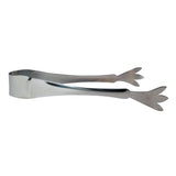A pair of stainless steel Pom Tongs with flat, rounded arms and claw-shaped ends, designed for gripping. These shiny, silver tongs are dishwasher safe and feature a simple, functional design with scalloped edges.