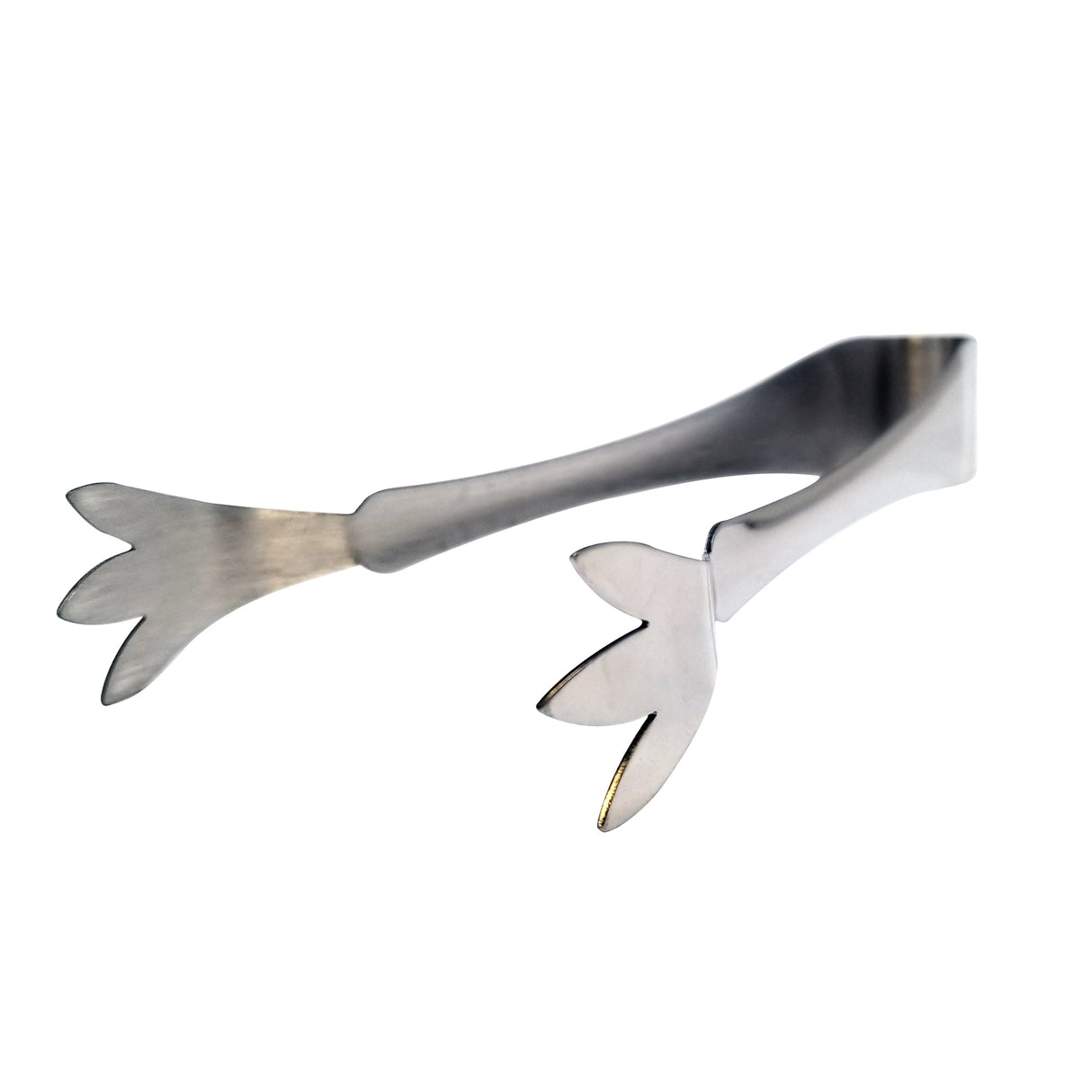 A pair of Pom Tongs shaped like bird feet, with three rounded toes at each end and a simple, curved handle. Made from smooth, reflective stainless steel, these tongs are dishwasher safe and positioned against a white background.