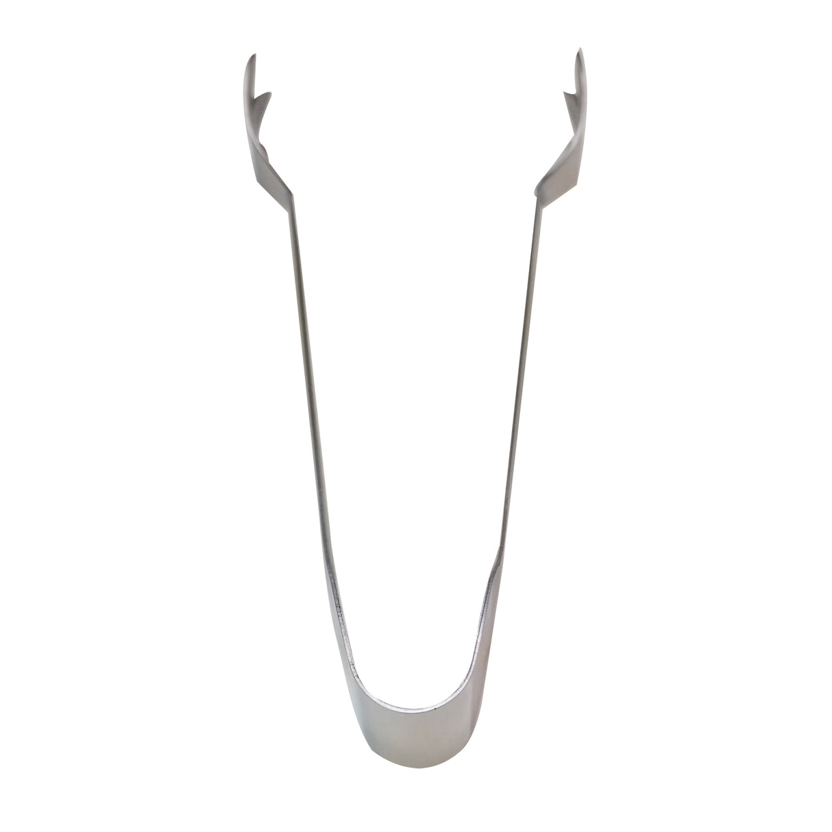 A metallic object shaped like an open U with long, flat arms and hooked ends on each side, viewed from above against a white background. Made of stainless steel, it resembles Pom Tongs and appears to be a specialized tool for gripping or holding items.