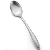 A shiny Dalton Collection stainless steel serving spoon with a rounded bowl and smooth, slightly curved handle is shown on a white background. Dishwasher safe, it’s positioned diagonally with the bowl at the top left and handle extending down right.