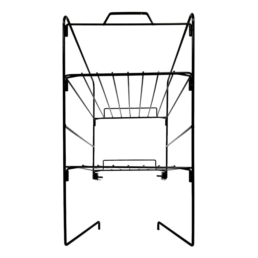 Black metal wire rack with three shelves, viewed from the front. The rectangular structure features sturdy wire construction, angled legs, and a top handle. Horizontal rods form open storage spaces. The background is plain white.