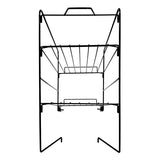Black metal wire rack with three shelves, viewed from the front. The rectangular structure features sturdy wire construction, angled legs, and a top handle. Horizontal rods form open storage spaces. The background is plain white.