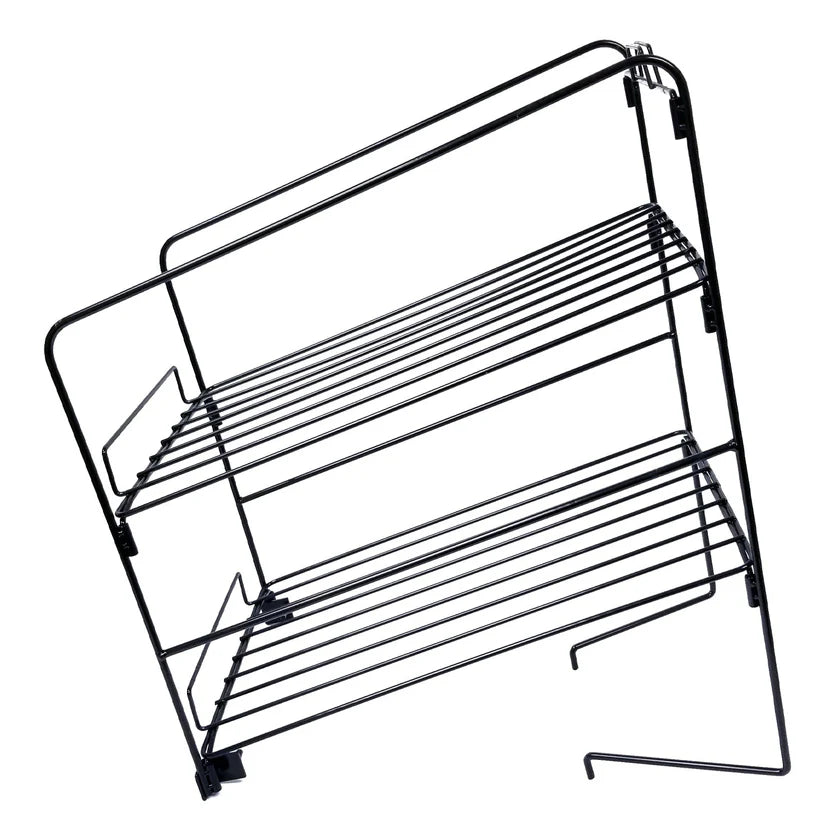 A black, metal Nacho Chip Shelf with wire construction and an open, minimalist design. This 2-tier rack is angled and photographed against a white background, displaying two horizontal shelves and several supporting bars.