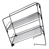 A black, metal Nacho Chip Shelf with wire construction and an open, minimalist design. This 2-tier rack is angled and photographed against a white background, displaying two horizontal shelves and several supporting bars.
