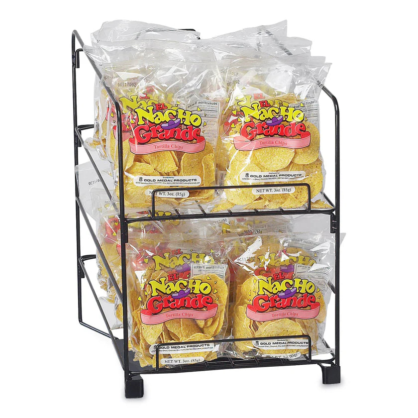A black 2-tier rack with sturdy wire construction holds two shelves of clear bags labeled “Nacho Grande Tortilla Chips.” The yellow chips are visible through the packaging, with each Nacho Chip Shelf neatly arranged and stacked upright.