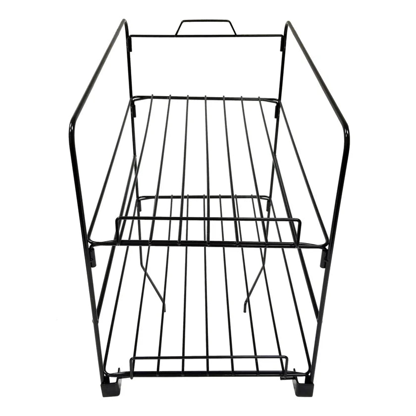 A black, 2-tier rack with wire construction features an open front and sides for storage or organization. Ideal as a Nacho Chip Shelf, it has four legs with small feet and a handle-like bar at the top back for easy moving.